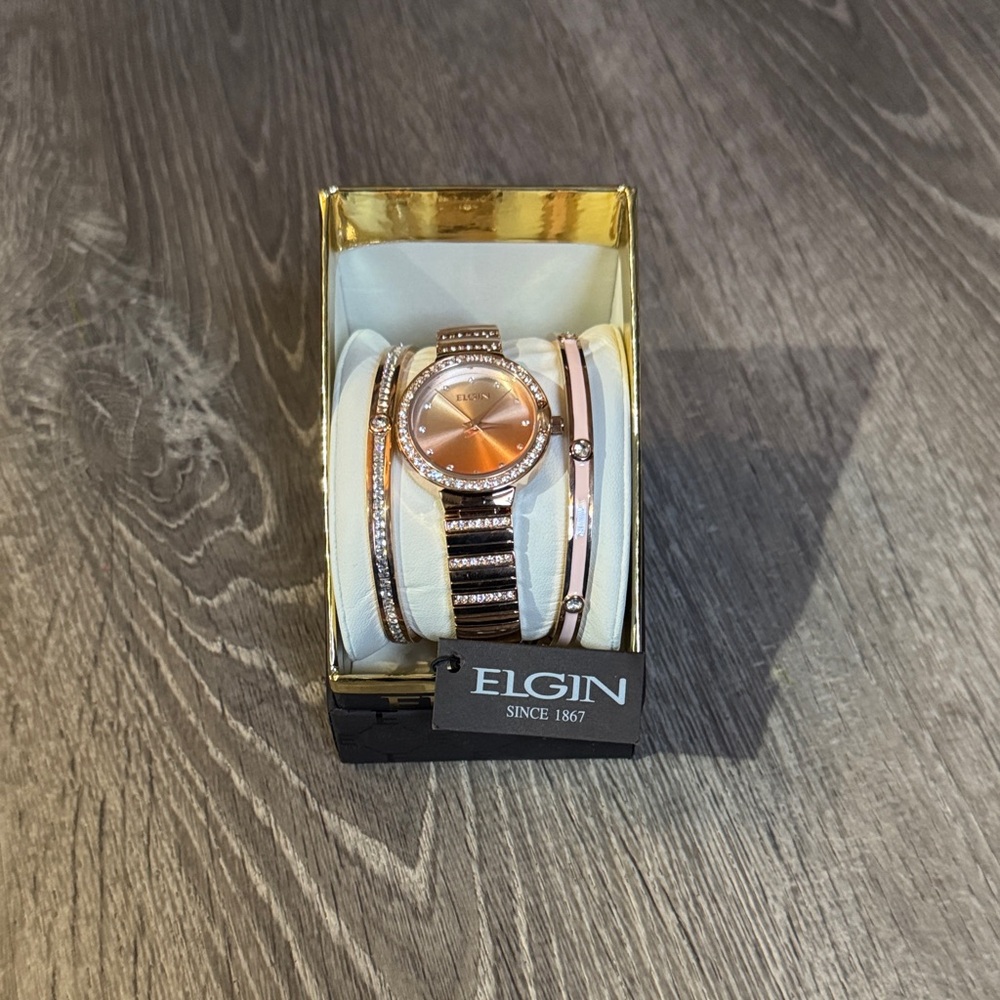 Elgin Women's Rose Gold Bracelet Watch Set